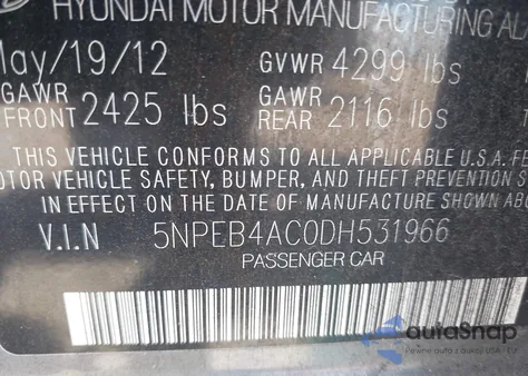 2013 Hyundai Sonata Gls z USA, uszkodzony, nr VIN 5NPEB4AC0DH531966